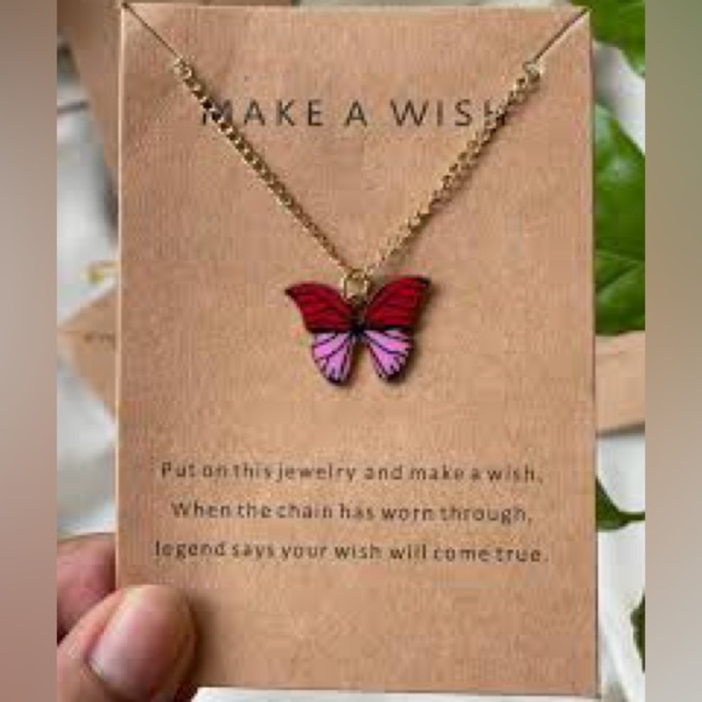 Red Pink Black Butterfly Make A Wish Pendant Charm Necklace
